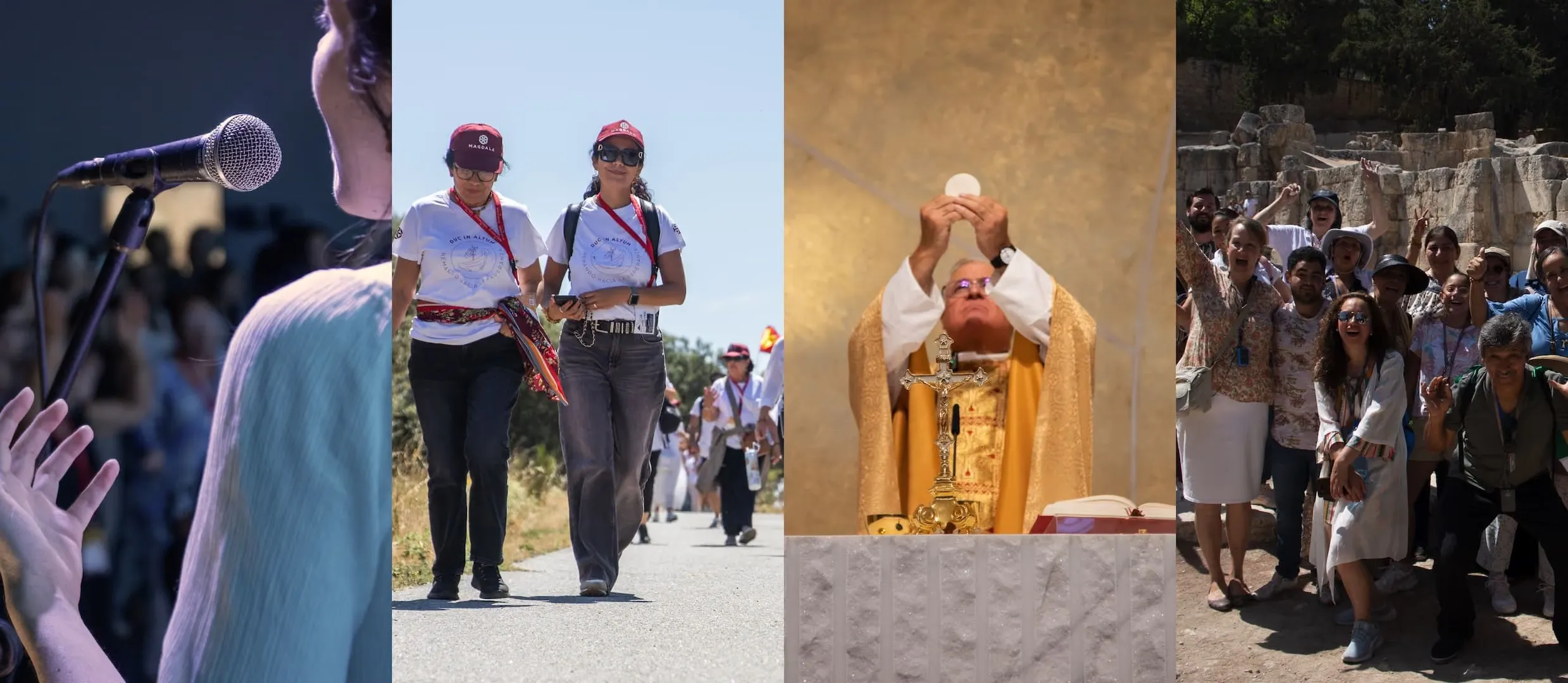 Cuatro momentos de Rabbuní: una joven cantando, peregrinos caminando, la celebración de la Misa y un grupo de peregrinos juntos